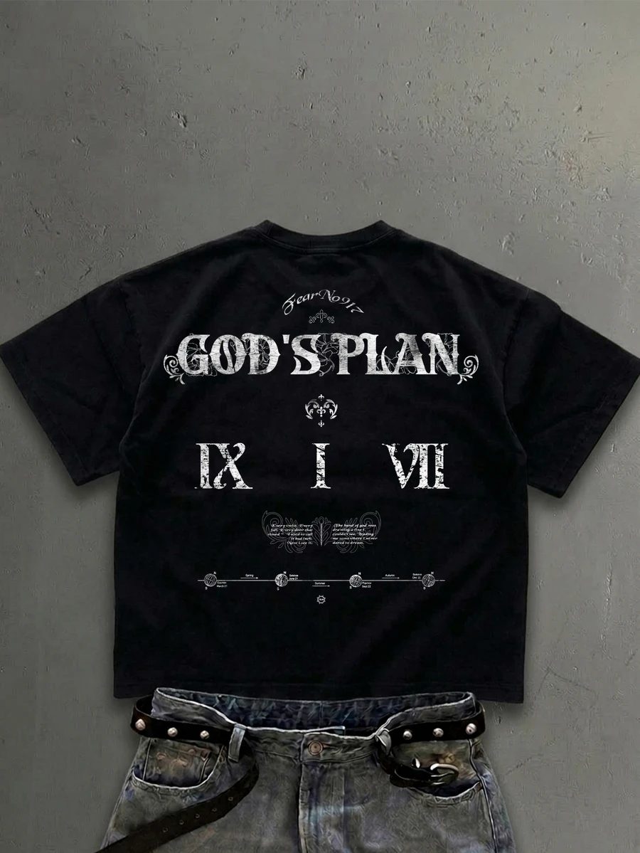 Manfinity ZONE917 美式復古哥德風做舊 GOD'S PLAN 圖案黑色短袖短版 T-shirt - 黑色 - 查看 1