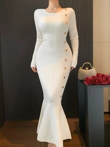 DAZY Autumn/Winter Round Neck Cream Ribbed Knit Gold Button Side Decor Slim Fit Mermaid Hem Elegant Date Commute Women's Sweater Dress - Beige - View 5