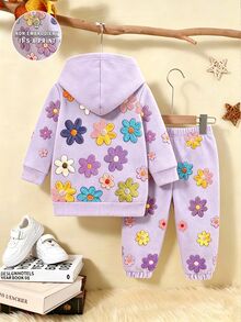 SHEIN Toddler Girls Floral Print Hoodie & Jogger Pants Set, Light Purple (2 Pcs) Fall Winter - Multicolor - View 2