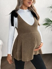 SHEIN 孕婦肩結休閒優雅百搭針織背心 秋季拍照商務黑色 - 卡其色 - 查看 1