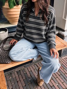GlowEve Minimalist Commuter Horizontal Striped Pullover Half-Button Drop Shoulder Wide Sleeve Fitted Ribbed Hem Casual Women's Sweater - Multicolor - View 1
