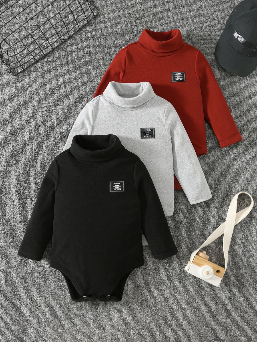 SHEIN 3PCS Baby Boys Autumn Bodysuits - Burgundy - View 1