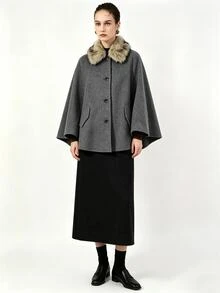 Lumivelle Women's Vintage Oversized Fur Collar Batwing Sleeve Wool Cape Coat - Dark Grey - View 3