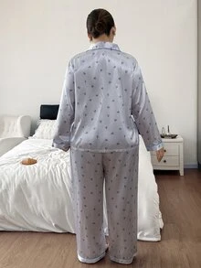 Doze Lane Conjunto de Pijama Talla Grande con Estampado de Rayas & Lazo y Ribete de Contraste - Multicolor - Ver 2