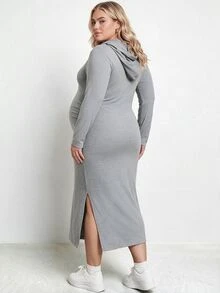 Plussiva 大尺碼孕婦純色長袖側開衩抽繩連帽洋裝 秋季 - 巧克力棕 - 查看 3