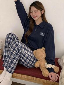 DAZY 女款牛仔長袖上衣與拼接長褲休閒日常居家服套裝 - 藏蓝色 - 查看 3