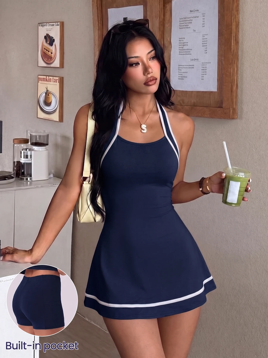 valorelle valorelle Spring Summer Women's Sports Dress Navy Blue Colorblock Halter Neck Backless Contrast Stripe Patchwork With Detachable Shorts Pockets Tennis Golf