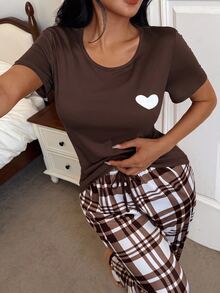 Dream Adore Casual Heart Print Short Sleeve Top & Plaid Print Long Pants Women Pajama Set - Coffee Brown - View 4
