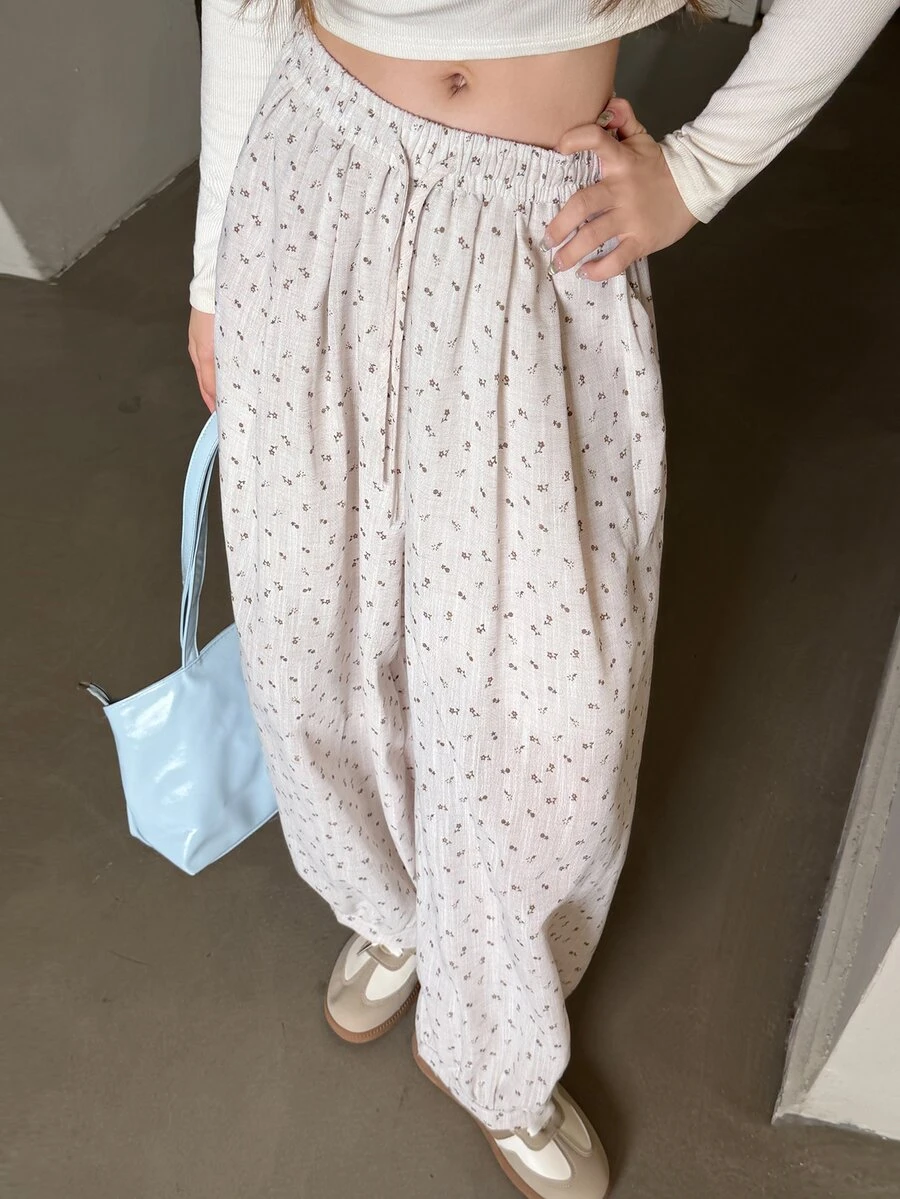 K-Vae Ditsy Floral Lantern Pants Elastic Waist Drawstring Casual Loose Fit Versatile Summer Trousers For Women - Apricot - View 1