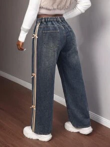 SHEIN MOD Plus Size Women's Bow Decor Pocket Button Casual Everyday Denim Jeans - Dark Wash - View 2