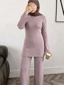 Veilorie Women's Solid Color Stand Collar Bell Sleeve Sweater And Knitted Long Pants Casual 2 Pieces Set - Pink - View 3