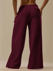 MUSERA ESSENTIALS Oversized Wide Leg Drawstring Joggers Casual Everyday Relaxed Basic Sweat Holiday Summer - Burgundy - View 4