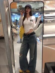 Dazy Tall 女款圓領字母印花韓式純色長袖春夏T恤 - 白色 - 查看 8