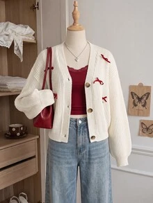Comfortcana Plus Size Women's Bow Decor Long Sleeve Single-Breasted Knit Cardigan - Beige - View 5
