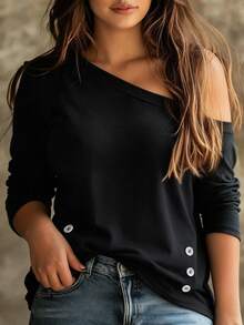 Weeklong Plus Size Women Asymmetric Collar Stud Decor Casual Everyday T-Shirt Blouse Autumn Winter - Black - View 3