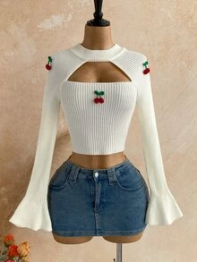 Soleia Women's Small Cherry 3D Embroidered Bell Sleeve Cropped Sweater - Multicolor - View 5