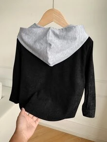 SHEIN 兒童/小男孩休閒日常百搭舒適帽藍色前開襟長袖連帽梭織外套，適合學校、花園、海灘、生日，適用春夏秋冬四季 - 黑色 - 查看 2