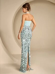 Coutiva Women's Rhinestone Decorated Elegant Cinched Waist Formal Evening Gown Dress - Green - View 2