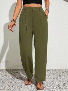 SHEIN VCAY Plus Size Casual Versatile Button Pocket Pleated Pants - Army Green - View 4