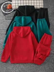 SHEIN 3套買2送1聖誕套裝，兒童青少年男孩休閒運動風，聖誕紅、聖誕綠、黑色連帽衛衣與運動長褲套裝，適合秋季、學校秋季穿搭、冬季穿搭，男孩兒童套裝 - 彩色 - 查看 3