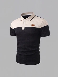 EGENSIO 男士高級鑽石格紋短袖 Polo 衫，配對比領口與肩部皮革貼片，百搭日常通勤上衣 - 黑色 - 查看 5