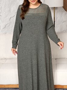 Lacomfia Hollow Lace Patchwork Knit Brushed Ribbed Loose Long Sleeve Dress Casual Minimalist Fashion Elegant Comfortable Plus Size - Fresh Green - View 1