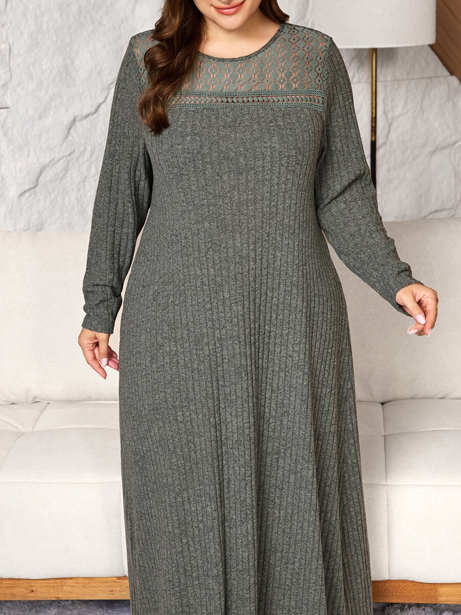 Lacomfia Hollow Lace Patchwork Knit Brushed Ribbed Loose Long Sleeve Dress Casual Minimalist Fashion Elegant Comfortable Plus Size - Fresh Green - View 1