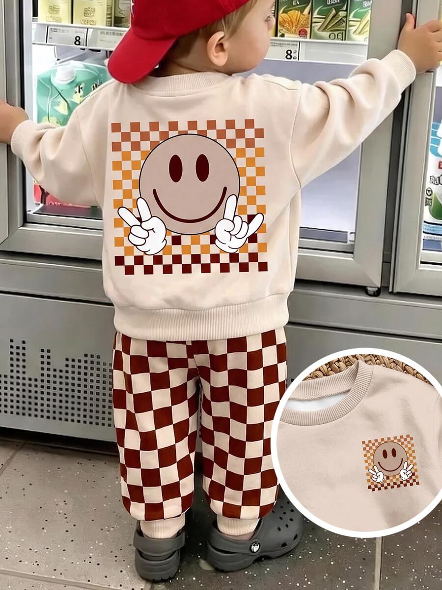 Infant Round Neck Casual Comfortable Long Sleeve Sweatshirt & Sweatpants Thickened Fleece Set, Classic Checkerboard Cartoon Smiling Face Print, Suitable For Autumn/Winter - Multicolor - View 1