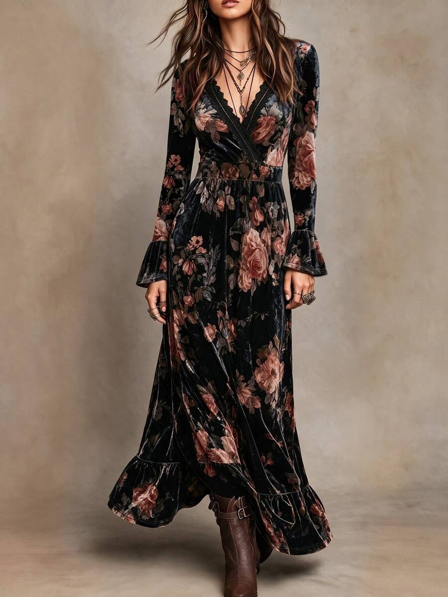 SHEIN LUNE Velvet Printed Deep V-Neck Lace Patchwork Flared Long Sleeve ...