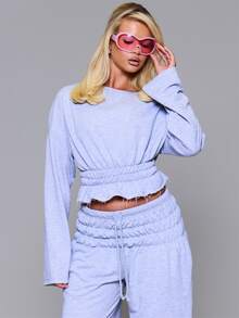 MUSERA Asymmetric Off The Shoulder Slouchy Ruched Gathered Waist Sweatshirt Coord Top Autumn Fall Winter Daily Back To School Pink Pony - Grey - View 1