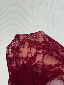 BamGleam Atmospheric Burgundy Asymmetrical Shoulder Lace Long Sleeve Top And Sexy Girl Set With Ribbon Bodycon Pants - Burgundy - View 6