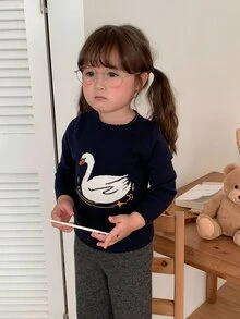 DAZY Infant Girl Round Neck Cartoon Long Sleeve Color Block Autumn Winter Sweater - Navy Blue - View 1