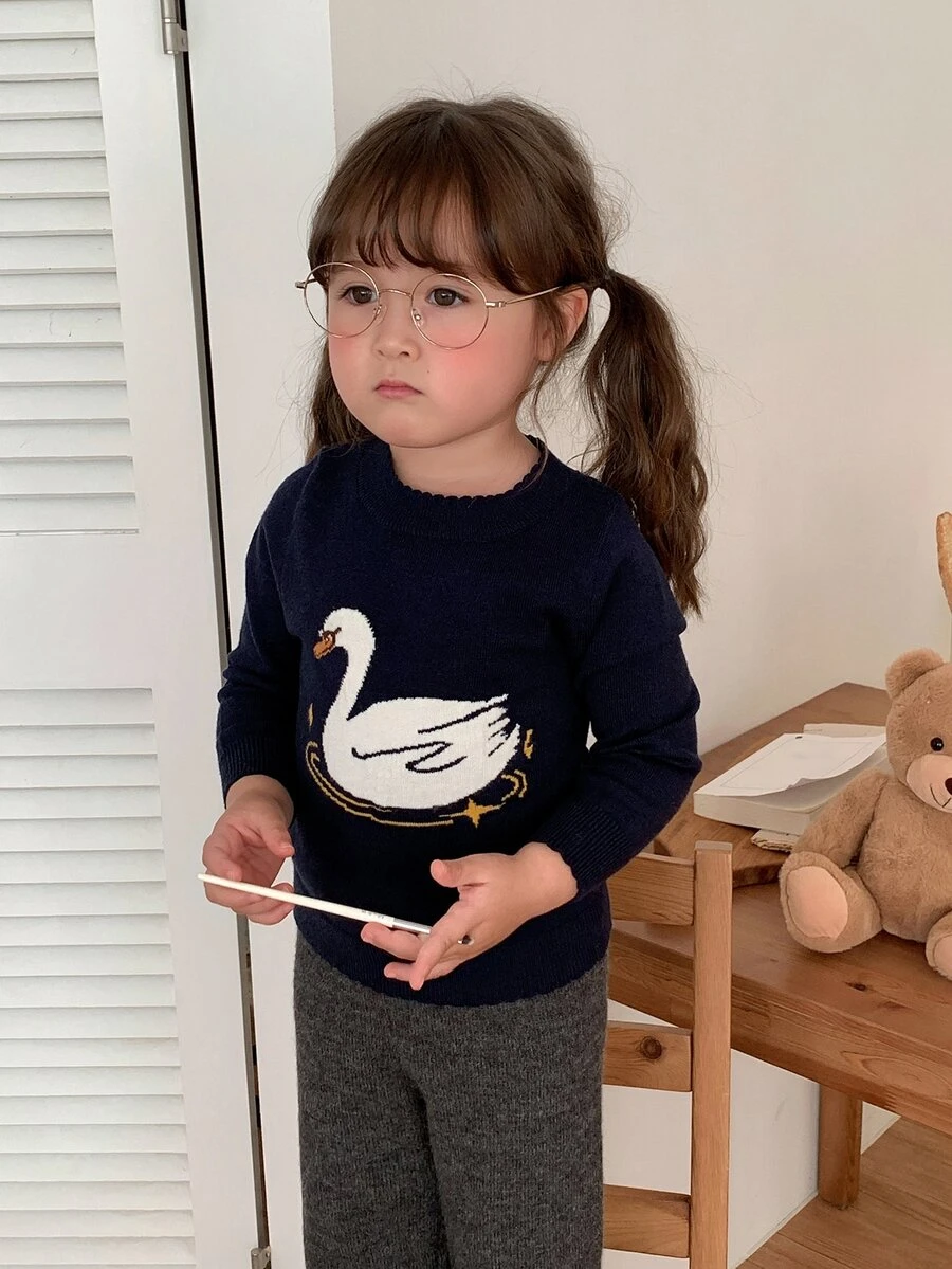 DAZY Infant Girl Round Neck Cartoon Long Sleeve Color Block Autumn Winter Sweater - Navy Blue - View 1