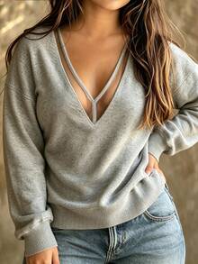 Nubod Plus Size Women Autumn/Winter V-Neck Mesh Patchwork Drop Shoulder Sleeve Casual Everyday Sweatshirt - Grey - View 7