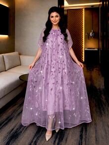 Auveirra Plus Size Women's Leaf Embroidery Pattern Casual Party Dress - Purple - View 9