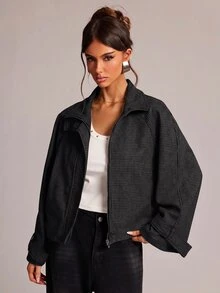 SHEIN BAE 女款街頭時尚高領鈕扣長袖夾克 - 深灰色 - 查看 4