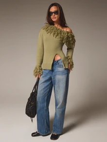 Athîral Women's Slim Fit Olive Green Knit Sweater,Asymmetric Fringe Neckline,Long Sleeves,Side Slit,Solid,Autumn Winter Chic Party Date Night,Fall Sweater - Army Green - View 2