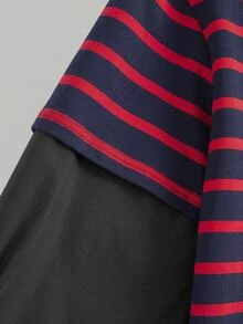 SHEIN 青少年女孩新款 2 合 1 紅黑拼接條紋圓領寬鬆長袖 T 恤，適合春秋冬季，返校休閒街頭風 - 紅色 - 查看 3
