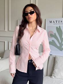 SHEIN EZwear 100%純棉粉色女款休閒百搭修身長袖襯衫，前扣鈕扣、後腰繫帶，適合四季穿著，學院風返校校園穿搭社團服飾，青春休閒風，商務女性辦公室低調老錢風優雅高端通勤機場造型 - 淺粉色 - 查看 7
