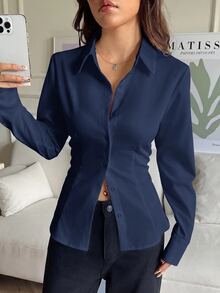 SHEIN EZwear 100%純棉海軍藍女款休閒百搭修身長袖襯衫，前扣鈕扣、後腰綁帶設計，適合秋冬穿著 - 藏蓝色 - 查看 5