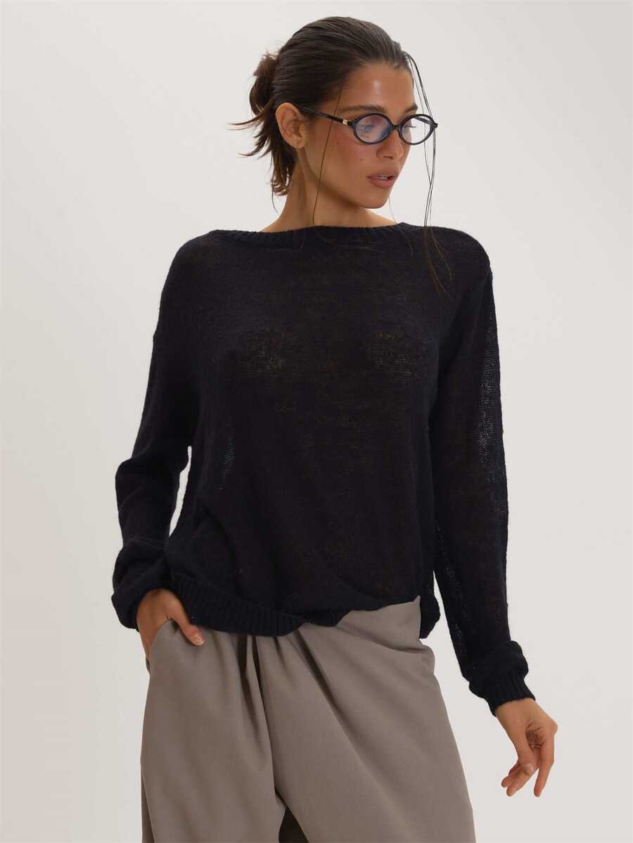 MUSEYN Black Knit Sheer Long Sleeve Top Versatile Everyday Casual Fall - Black - View 1