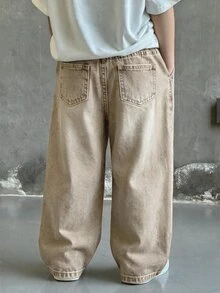 SHEIN Little Byeori 兒童男童藍色牛仔寬鬆長褲 - 卡其色 - 查看 2