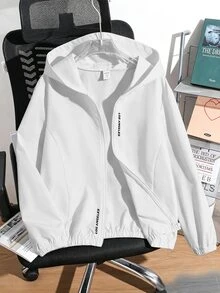 SHEIN 青少年男孩休閒字母圖案印花連帽夾克外套，輕量寬鬆版型拉鍊連帽外套 - 白色 - 查看 4