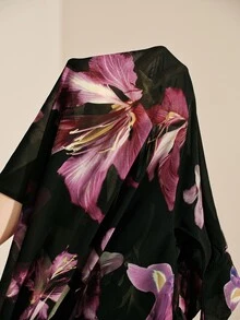 Arave Blus Wanita Bahan Chiffon Semi-Transparan dengan Bahu Jatuh, Potongan H, Kerah Berlipit Motif Bunga, dan Desain Lengan Berkerut untuk Perjalanan Sehari-hari - Hitam - View 11