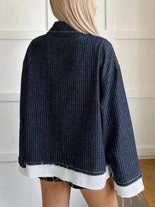 Dazy Tall Women's Striped Patchwork Loose Street Casual Denim Jacket - Dark Wash - View 6