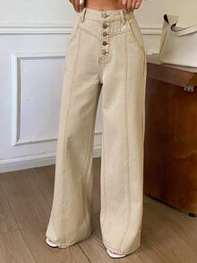 Dazy Tall Women's Loose Straight Leg Long Pants Button Decor Urban Casual Denim Jeans - Khaki - View 5