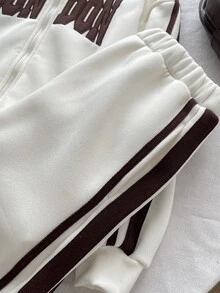 SHEIN 兒童青少年女孩秋冬休閒街頭時尚拼接刺繡立領對比色織帶拉鍊連帽外套與長褲兩件套，適合返校與日常穿著 - 白色 - 查看 6