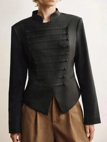 Briarwyn Fall Winter Women's Black Stand Collar Button Up Slim Fit Short Blazer With Irregular Hem, Vintage Military Style Chic Festival Outerwear Fall Clothes - Black - View 3