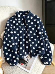 SHEIN 女童海軍藍波點毛絨夾克，復古可愛日系俏皮風格，立領拉鍊短版，秋冬校園學生外套 - 彩色 - 查看 1