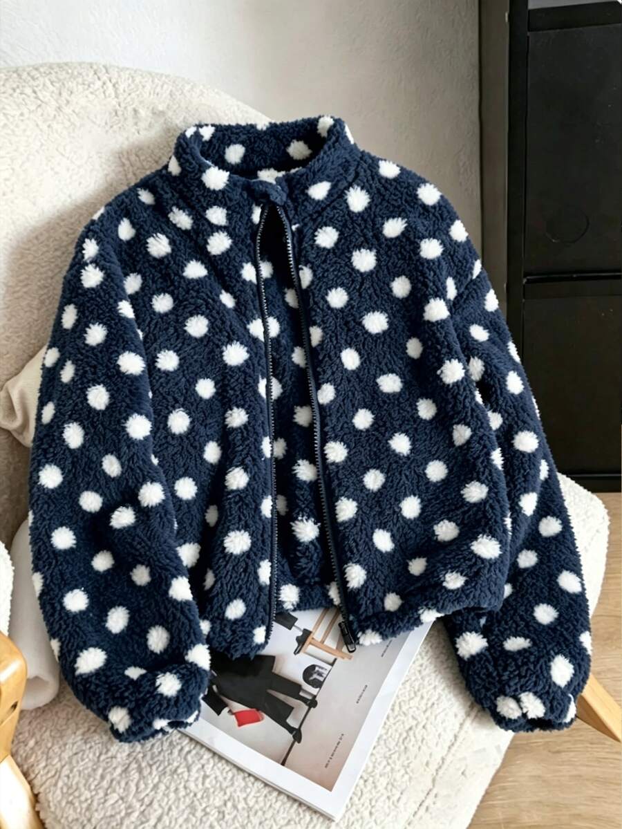 SHEIN 女童海軍藍波點毛絨夾克,復古可愛日系俏皮風格,立領拉鍊短版,秋冬校園學生外套 - 彩色 - 查看 1